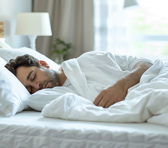 Man sleeping peacefully in white bed linens